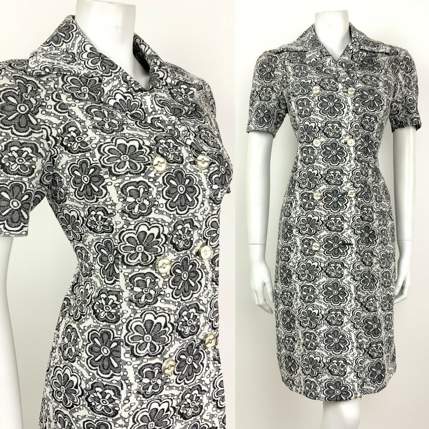 VINTAGE 60s 70s WHITE BLACK GOLD DOUBLE-BREASTED FLORAL SHIRT DRESS 10 12