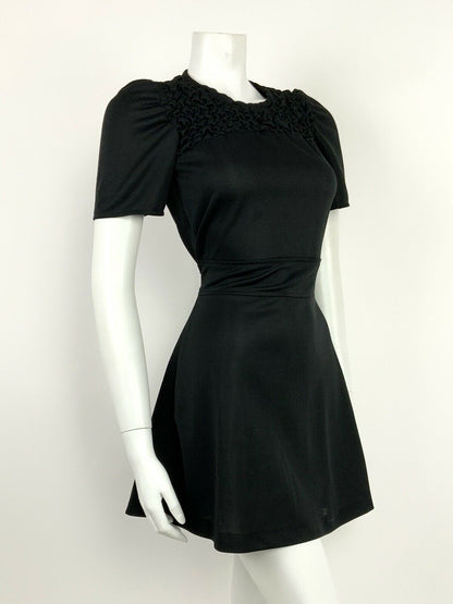 VINTAGE 60s 70s BLACK RUCHED BELTED MOD MINI DRESS 6 8