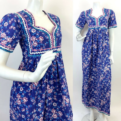 VTG 60s 70s PURPLE BLUE PINK WHITE RICRAC FLORAL PRAIRIE BOHO FOLK MAXI DRESS 10