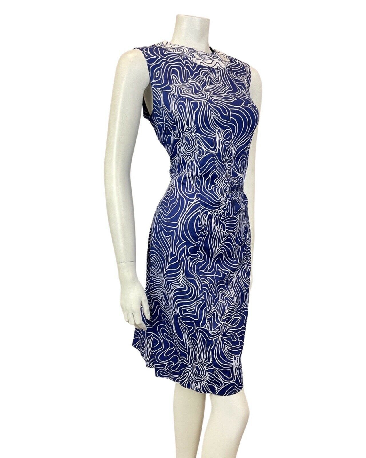 VINTAGE 60s 70s NAVY BLUE WHITE SWIRL PSYCHEDELIC SLEEVELESS MIDI DRESS 10 12