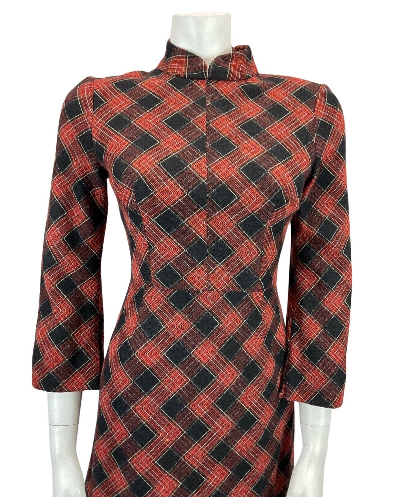 VINTAGE 60s 70s BLACK RED CHECKED TARTAN MOD PARTY MINI DRESS 8