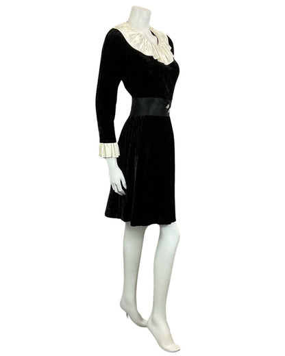 VTG 60s 70s BLACK VELVET CREAM EDWARDIAN MOD PARTY CHRISTMAS EVENING DRESS 8