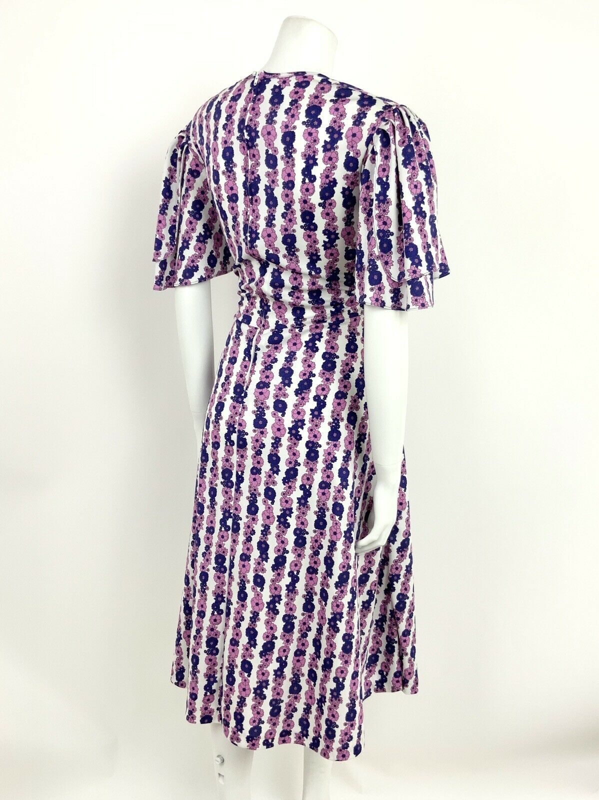 VINTAGE 60s 70s WHITE PINK PURPLE FLORAL STRIPED FLUTTER SLEEVE SWING DRESS 14