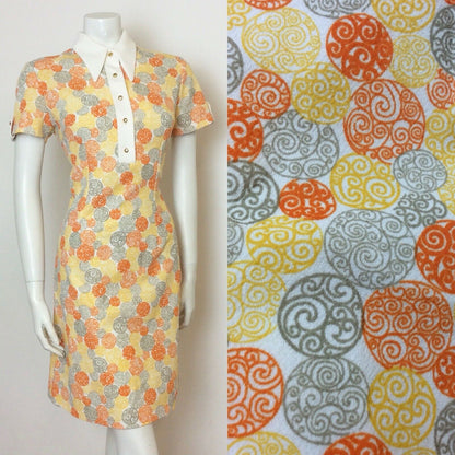 VTG 70S ORANGE YELLOW WHITE GREY SWIRL JAPANESE SHIRT DRESS 10 12