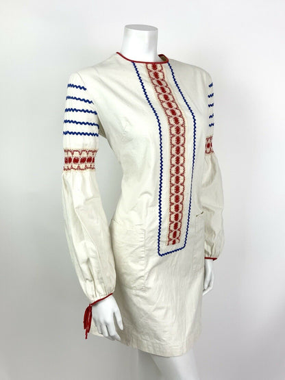 VTG 60s 70s CREAM RED BLUE RIC RAC CROCHET FOLK COTTON MINI SHIFT DRESS 12 14