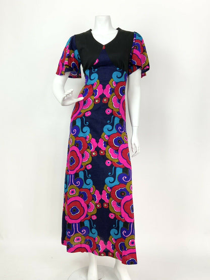 VTG 60s 70s BLUE BLACK PINK GOLD RED PSYCHEDELIC FLORAL SWIRL MAXI DRESS 8 10