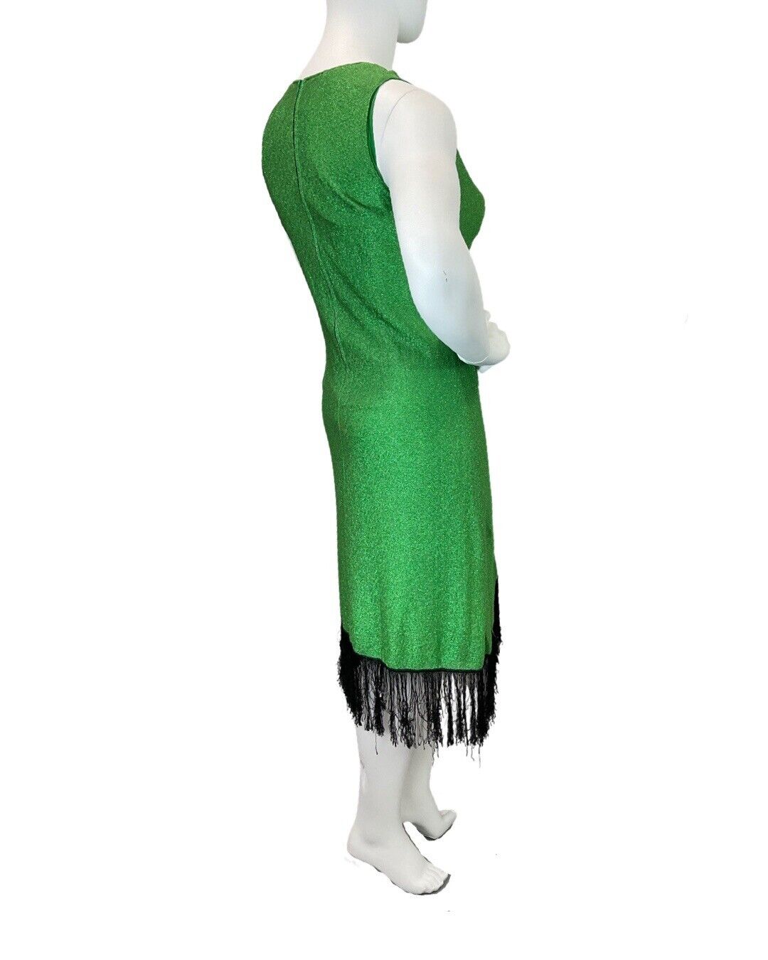 VINTAGE 60s 70s GREEN METALLIC LUREX FRINGED STUDIO 54 DISCO PARTY DRESS 14 16