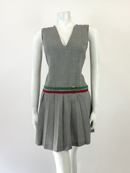 VTG 60s 70s BLACK WHITE HOUNDSTOOTH V-NECK PLEATED MOD PREPPY PINAFORE DRESS 10