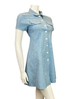 VINTAGE 60s 70s DENIM BLUE WHITE DAISY MOD A-LINE SHIFT SHIRT DRESS 6 8