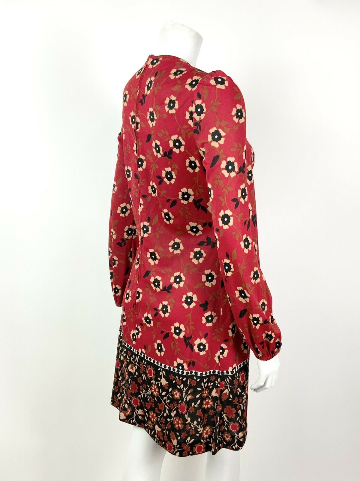 VINTAGE 60s 70s RED BLACK BEIGE FLORAL BOHO FOLK BETTY BARCLAY DRESS 10 12