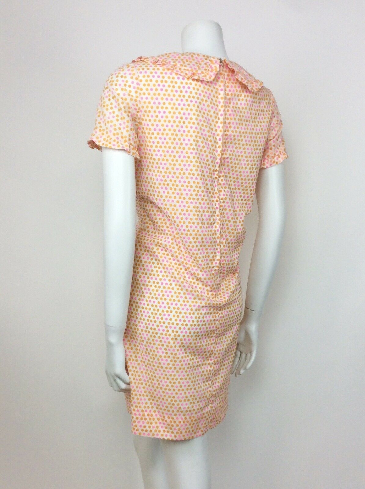 VTG 60s 70s ORANGE PINK WHITE POLKA DOT RUFFLE COLLAR TRAPEZE DRESS 10 12 14