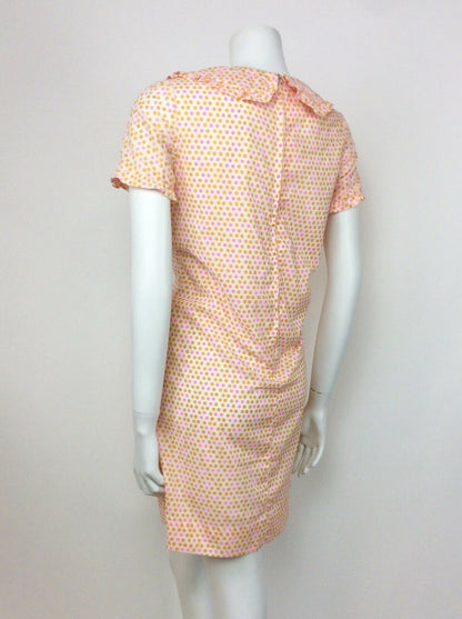 VTG 60s 70s ORANGE PINK WHITE POLKA DOT RUFFLE COLLAR TRAPEZE DRESS 10 12 14