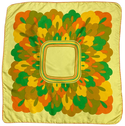 VINTAGE 60s 70s YELLOW GREEN ORANGE GEOMETRIC LEAFY MOD SILK SQUARE SCARF