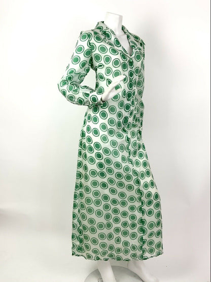 VINTAGE 60s 70s WHITE GREEN POLKA-DOT SHEER MOD DAGGER MAXI DRESS 14 16