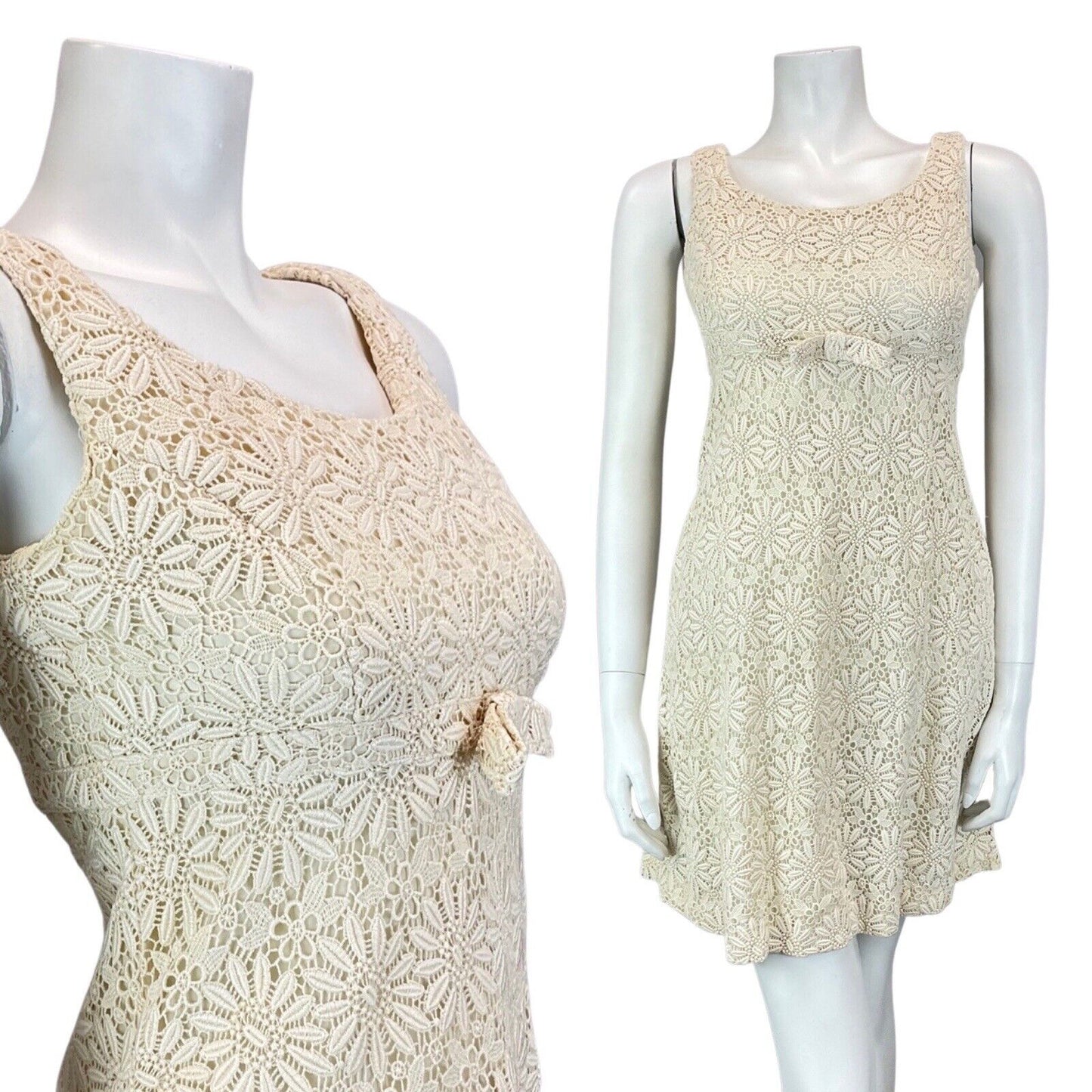 VINTAGE 60s 70s CREAM DAISY FLORAL LACE SCOOP NECK MOD EMPIRE MINI DRESS 6