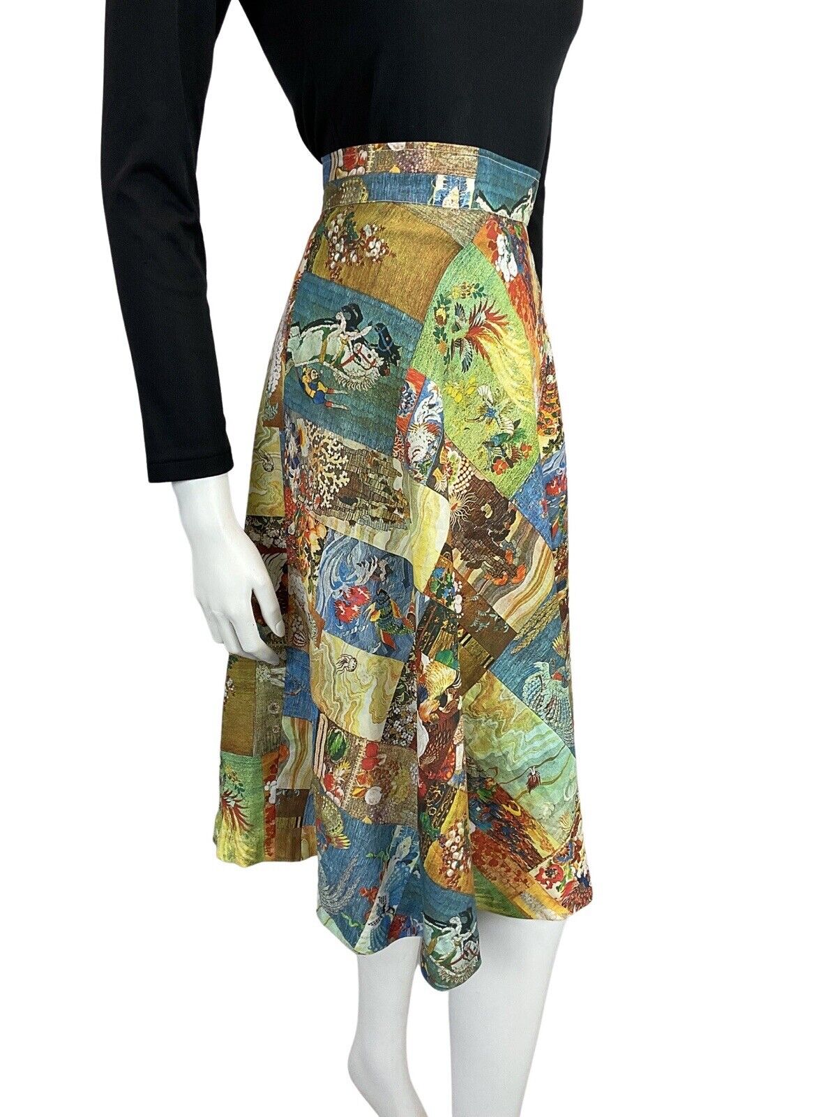 VINTAGE BLUE GREEN ORANGE PATCHWORK STYLE GRAPHIC PRINT A LINE 60s 70s SKIRT 8