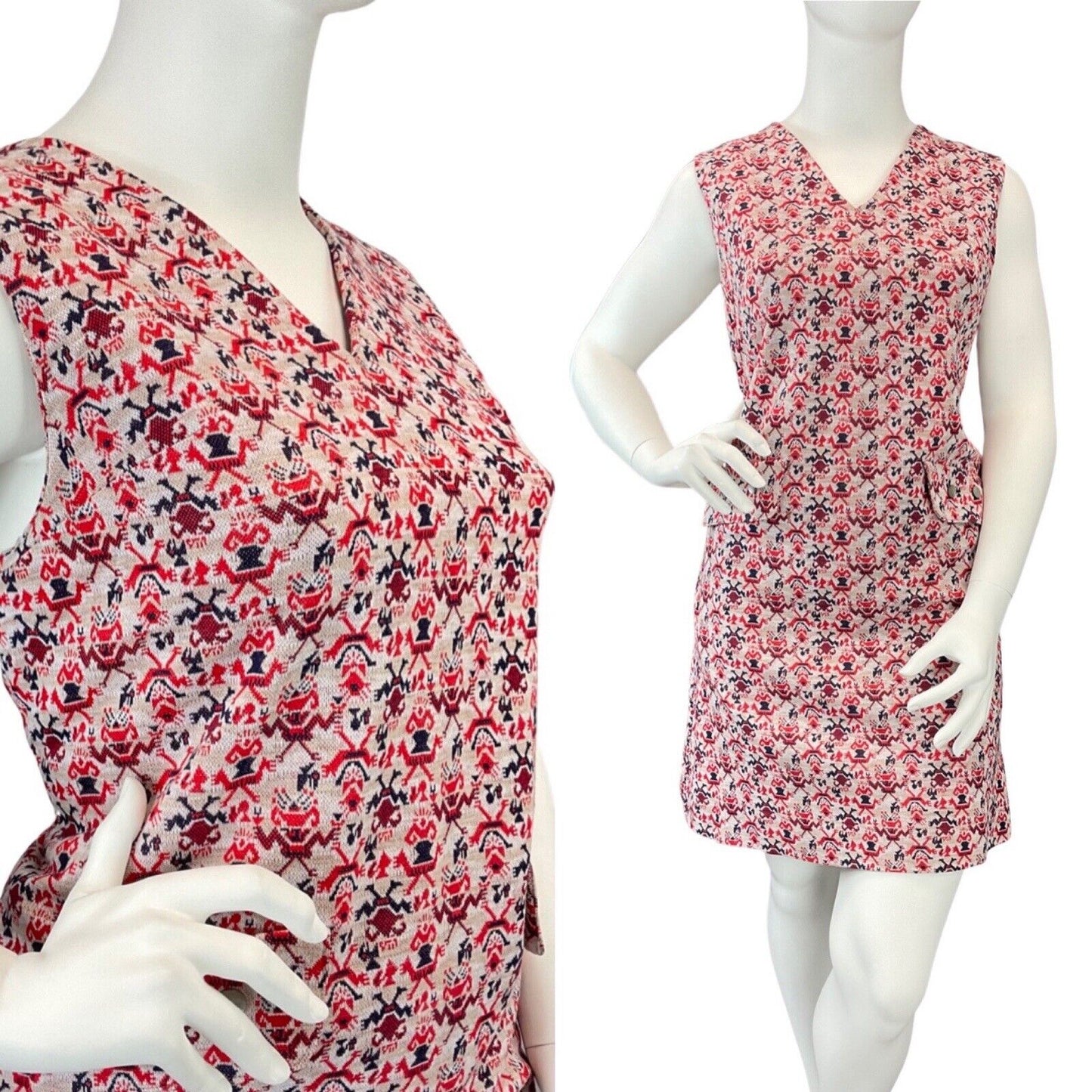 VTG 60s 70s CREAM RED BLUE GEOMETRIC MOD FLORAL LEAFY SLEEVELESS MOD DRESS 16