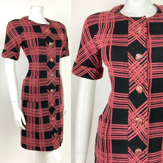 VINTAGE 60s 70s BLACK RED GEOMETRIC PLAID CHECKED FITTED WIGGLE DRESS 8 10