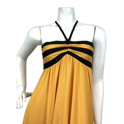 VINTAGE 60s 70s YELLOW BLACK STRIPED EMPIRE LINE MOD STRAPPY MAXI DRESS 6