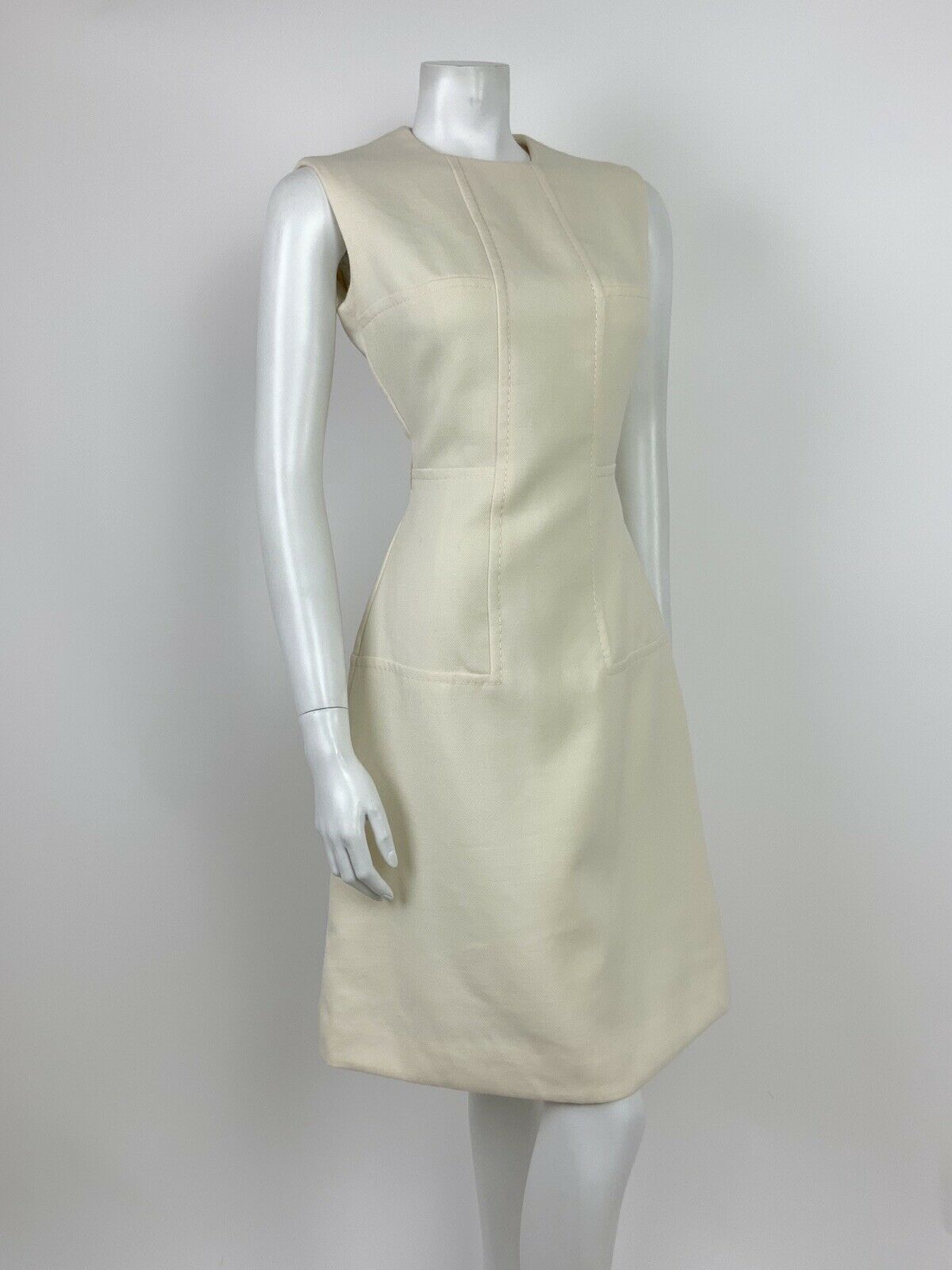 VINTAGE 60s 70s MOD CREAM WOOL SLEEVELESS WIGGLE FITTED DRESS 12