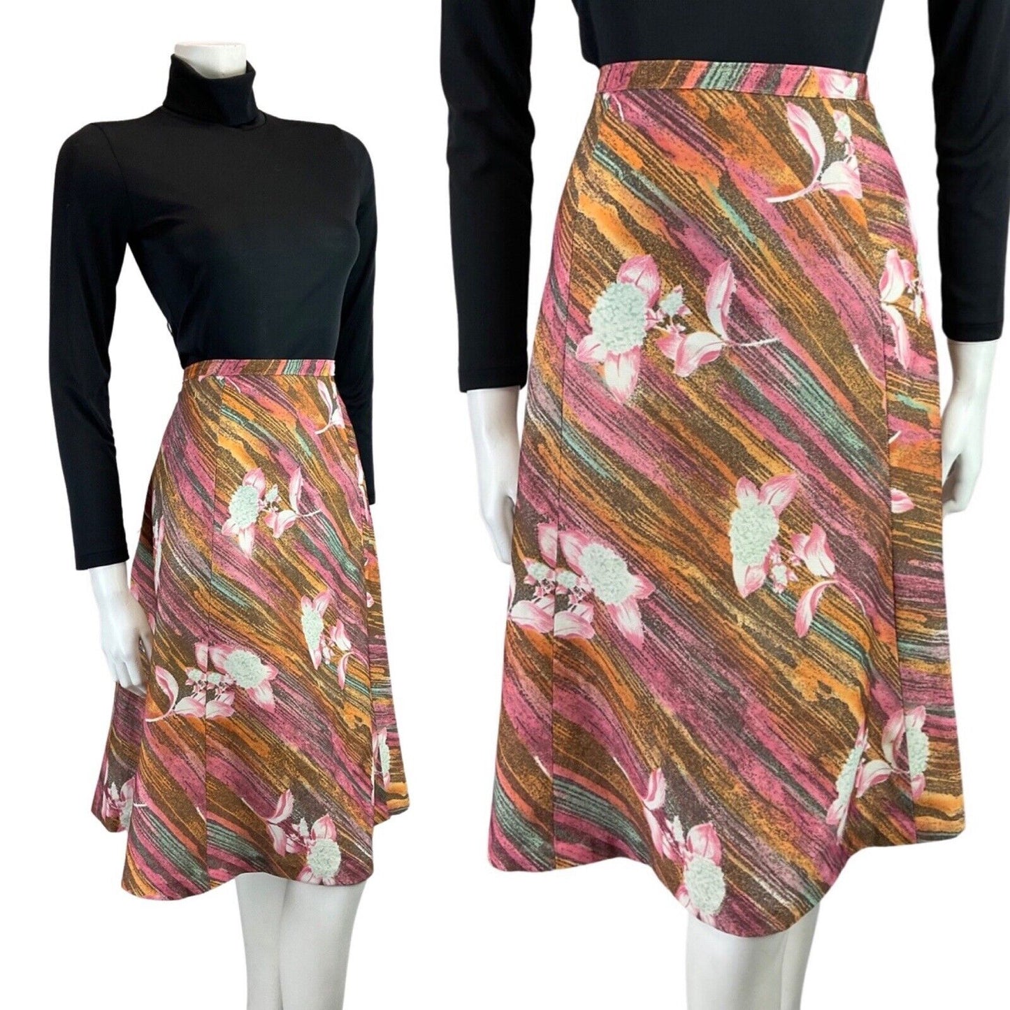 VINTAGE 60s 70s ORANGE PINK BROWN STRIPED FLORAL KNEE-LENGTH FLARED SKIRT 12