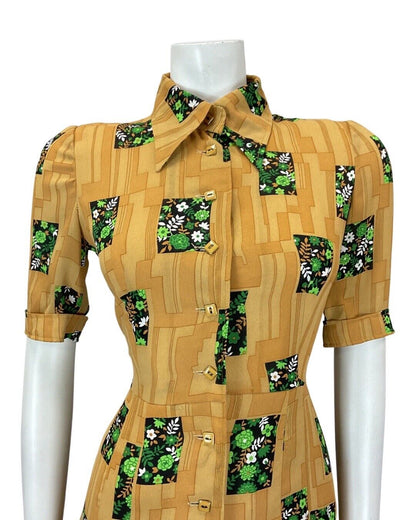 VINTAGE 60s 70s OCHRE YELLOW GREEN GEOMETRIC FLORAL MOD DAGGER SHIRT DRESS 8