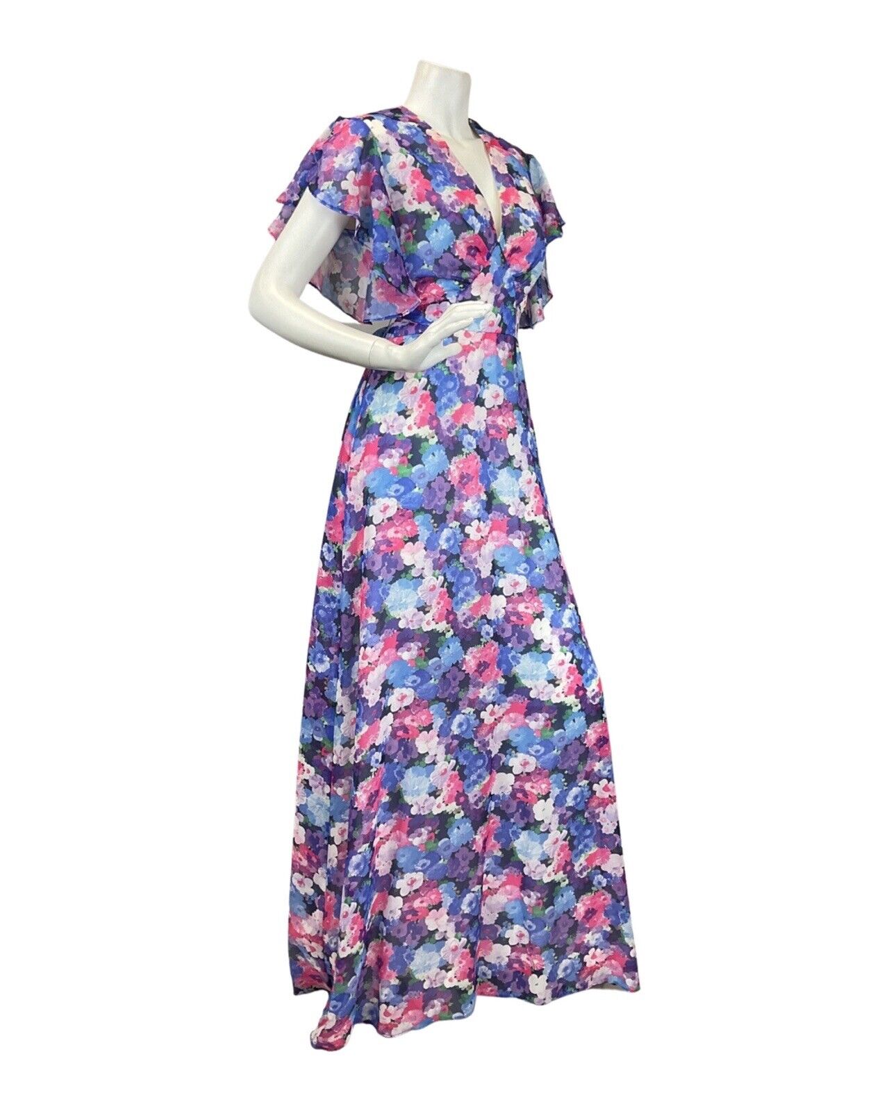 VINTAGE 60s 70s PURPLE BLUE PINK FLORAL PSYCHEDELIC FLOATY MAXI DRESS 10 12