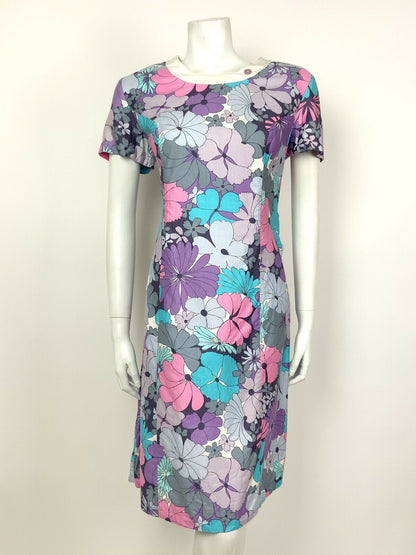 VTG 60s 70s PSYCHEDELIC PURPLE BLUE PINK GREY FLORAL SMOCK DRESS 10 12 14