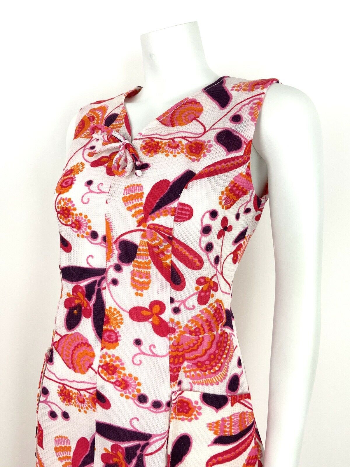 VINTAGE 60s 70s PSYCHEDELIC FLORAL SUMMER DRESS WHITE RED PINK PURPLE 10 12