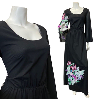 VINTAGE 60s 70s BLACK PURPLE GREEN FLORAL PARADISE BIRD SHEER MAXI DRESS 14