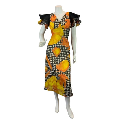 VINTAGE 60s 70s YELLOW BLACK WHITE PSYCH MOD FLORAL PLEATED SLEEVE MAXI DRESS 8