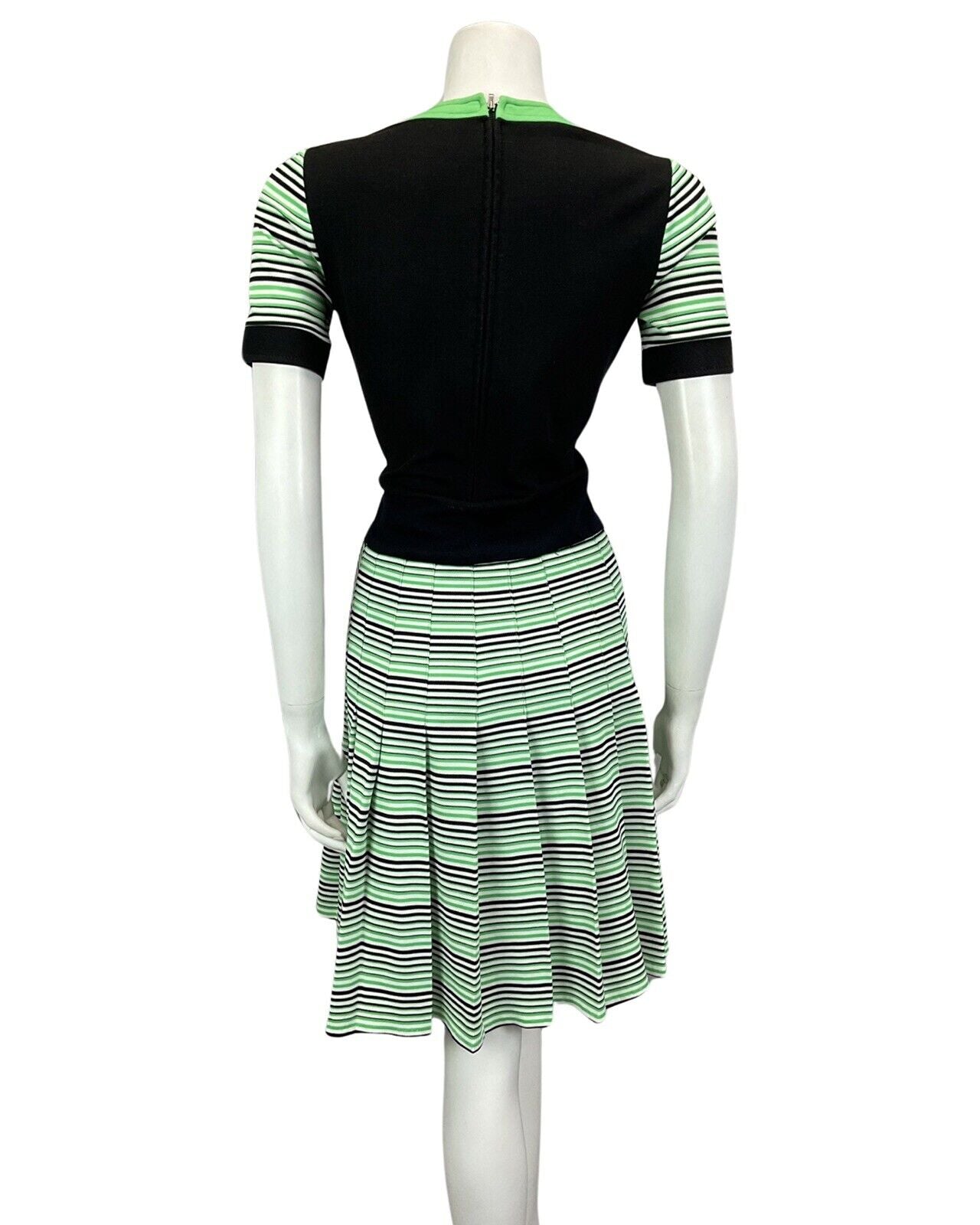 VINTAGE 60s 70s BLACK GREEN WHITE STRIPED PLEATED MIDI MOD DRESS 12