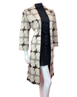 VINTAGE 60s 70s STYLE CREAM BROWN ABSTRACT DOGTOOTH BELTED MOD MIDI COAT 14 16