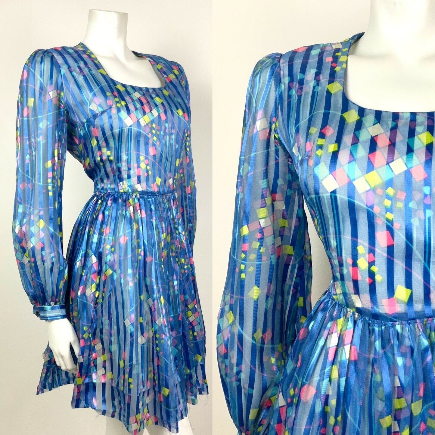 VINTAGE 60s 70s METALLIC BLUE WHITE PINK YELLOW STRIPED SQUARE SHEER DRESS 10