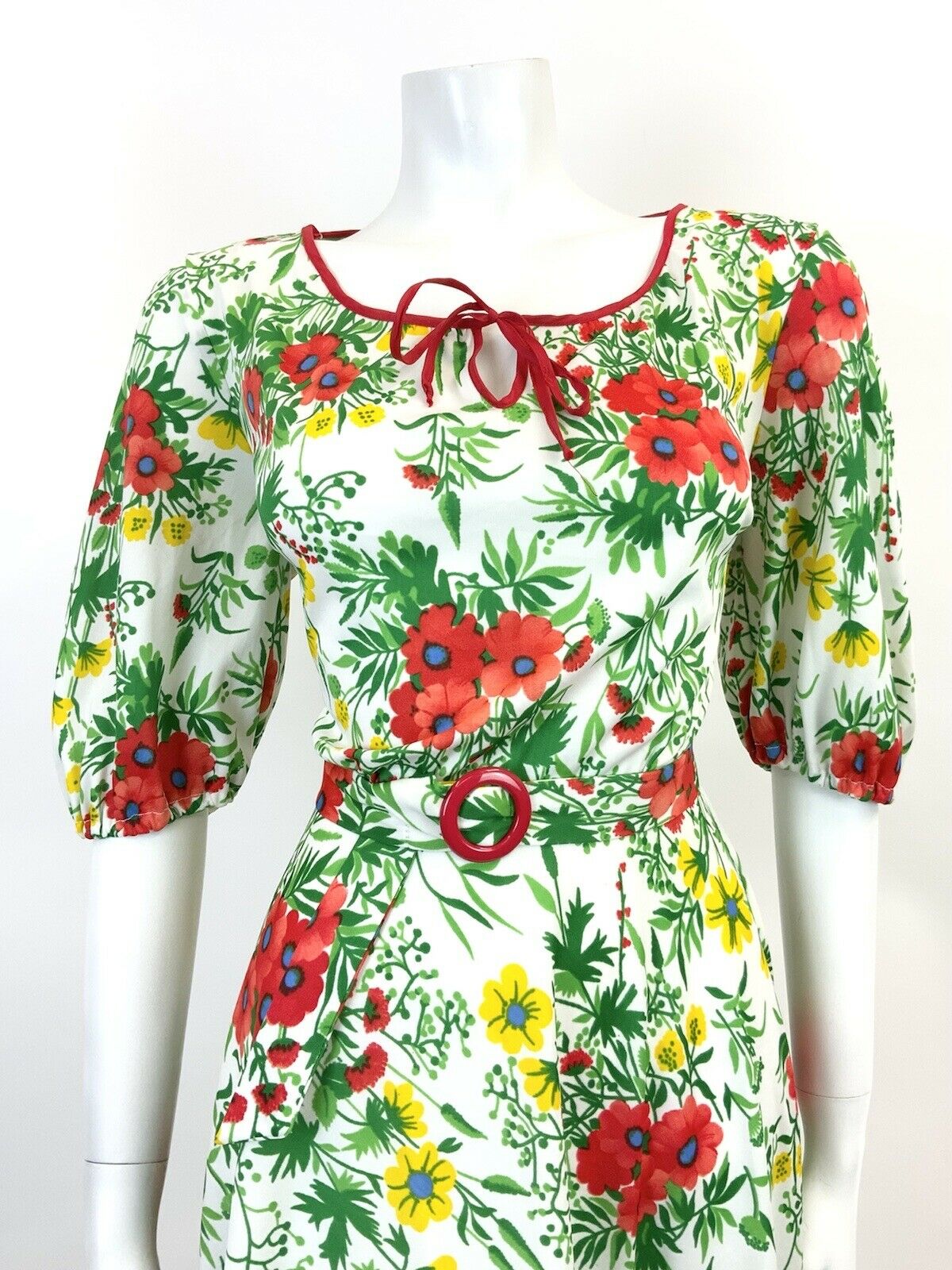 VINTAGE 60s 70s WHITE GREEN RED YELLOW FLORAL GARDEN PARTY BLOUSON DRESS 10