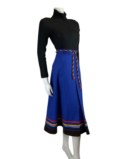 VINTAGE 60s 70s BLUE RAINBOW MOD KNEE-LENGTH WOOL SKIRT 6