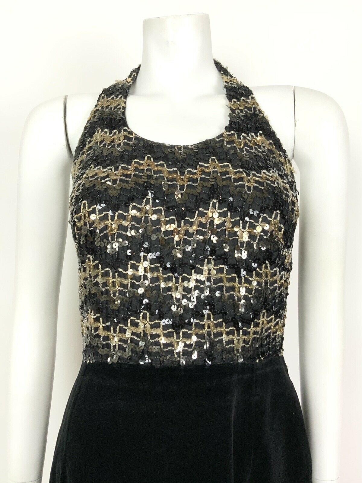 VINTAGE 60s 70s BLACK VELVET GOLD SEQUINNED DISCO STUDIO 54 HALTER DRESS 8 10