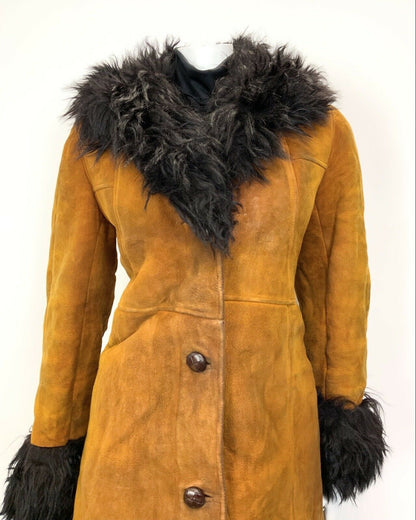 VTG 60s 70s ORANGE BLACK SUEDE LEATHER SHEARLING PENNY LANE MOD BOHO COAT 14 16