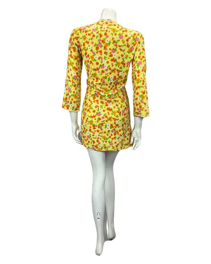 VINTAGE 60s 70s YELLOW ORANGE GREEN PINK FLORAL TOWELLING MINI DRESS 10 12