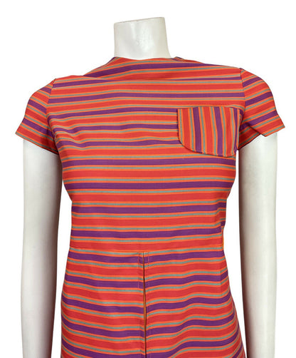 VINTAGE 60s 70s RED PURPLE BLUE STRIPED MOD SHIFT MICRO-MINI DRESS 6