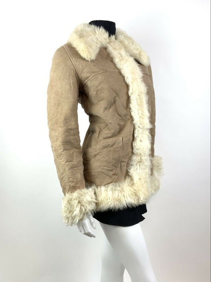 VTG 60s 70s BEIGE CREAM SUEDE LEATHER SHEARLING FUR BOHO MOD SHORT COAT 14 16