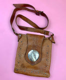 VTG 60s 70s TOFFEE BROWN SILVER STUDDED STAMPED BOHO FOLK LEATHER SHOULDER BAG