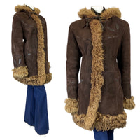 VINTAGE 60s 70s DARK BROWN SUEDE LEATHER LEAF APPLIQUE BOHO SHEARLING COAT 14 16