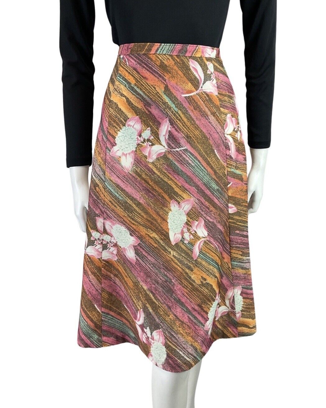 VINTAGE 60s 70s ORANGE PINK BROWN STRIPED FLORAL KNEE-LENGTH FLARED SKIRT 12