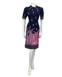 VTG 60s 70s NAVY BLUE PINK CORAL PAISLEY PRINT POLKA DOT MIDI MOD DRESS 12 14