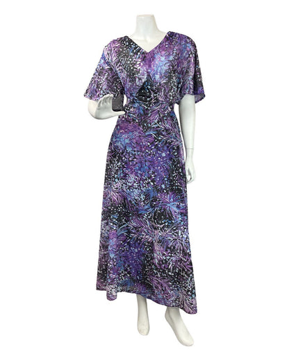 VINTAGE 60s 70s PURPLE BLUE BLACK PSYCHEDELIC FLORAL SHEER MAXI DRESS 18 20