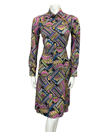 VINTAGE 60s 70s BLACK PURPLE BLUE GREEN PSYCHEDELIC MOD MIDI DRESS 8 10