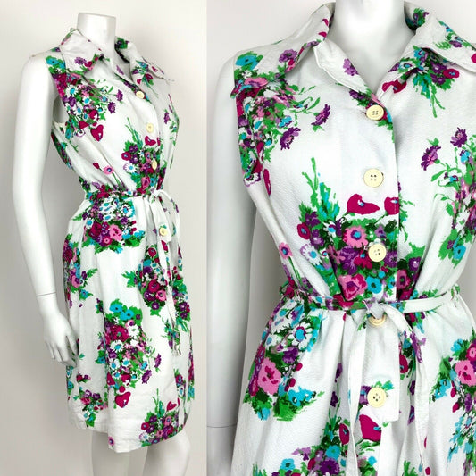 VINTAGE 60s 70s WHITE PINK PURPLE GREEN BOUQUET FLORAL WINGED SHIRT DRESS 12 14