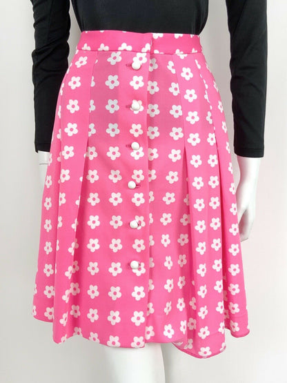 VINTAGE 60s 70s NEON PINK WHITE FLORAL PLEAT FLOWER A-LINE DAISY MOD SKIRT 10