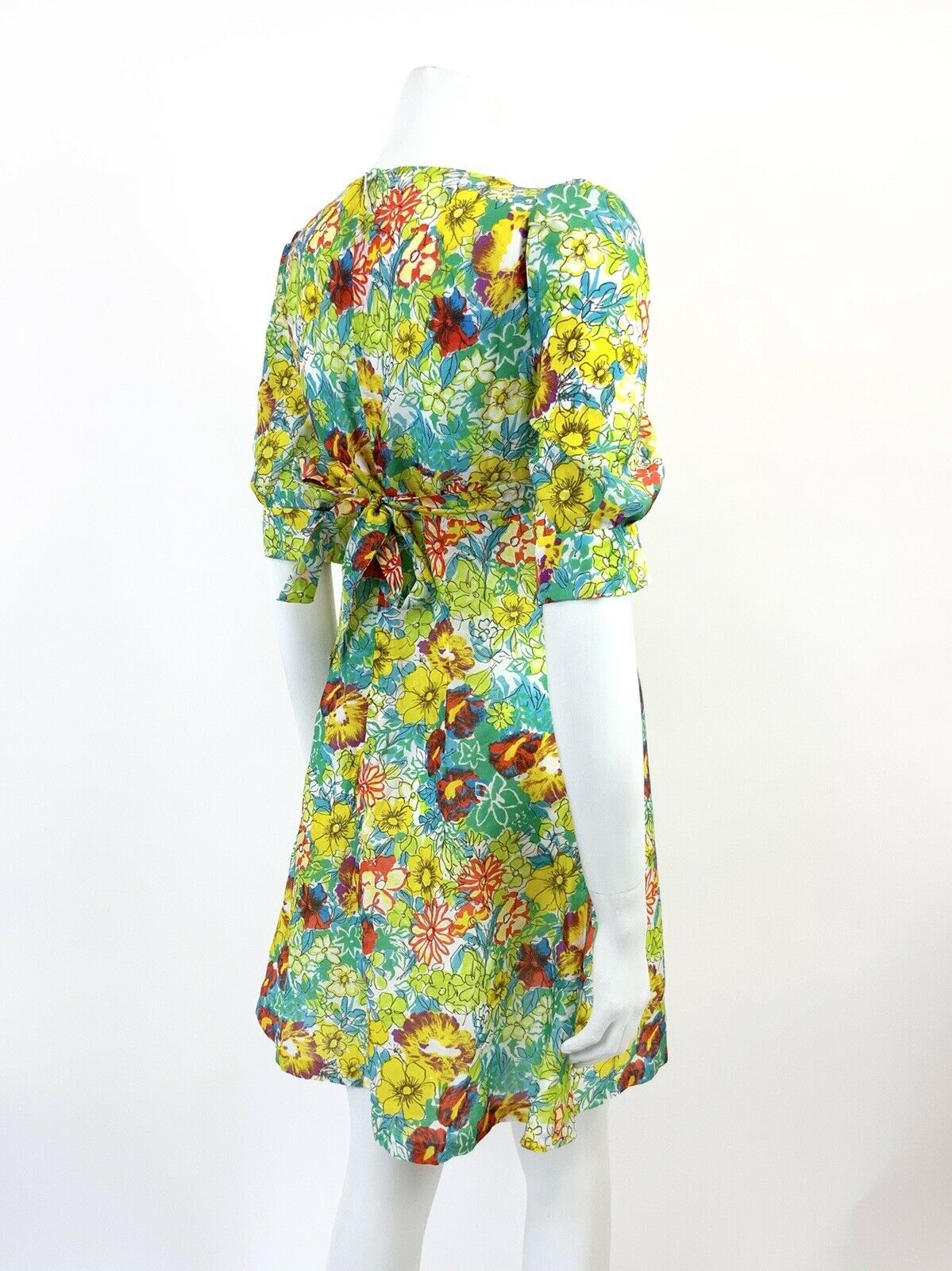 VTG 60s 70s GREEN BLUE YELLOW PSYCHEDELIC FLORAL PUFF SLEEVE MOD MINI DRESS 8